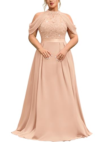 MISSMAY Women's Plus Size Formal Wedding Guest Halter Cape Sleeves Dresses