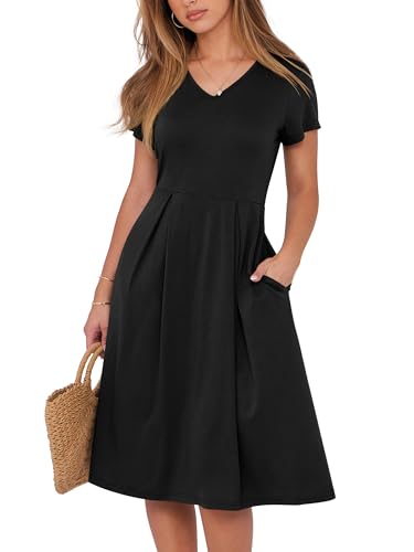 ANRABESS Women Summer Casual Short Sleeve A Line Midi Dresses with Pocket