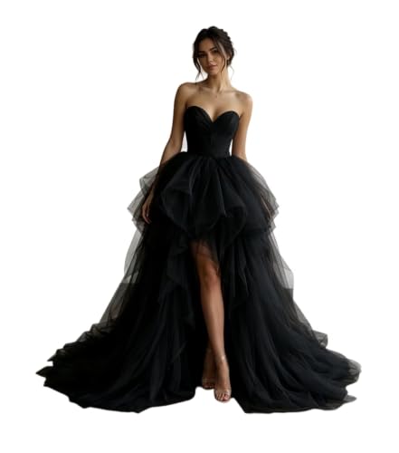 Dydsz Women Strapless High Low Prom Dress Tulle Party Ball Gown Black 6