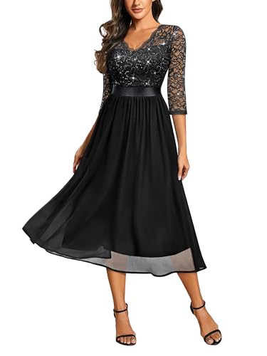 Miusol Women's V-Neck Sequin Lace 3/4 Sleeve Bridesmaid Party A-line Dress