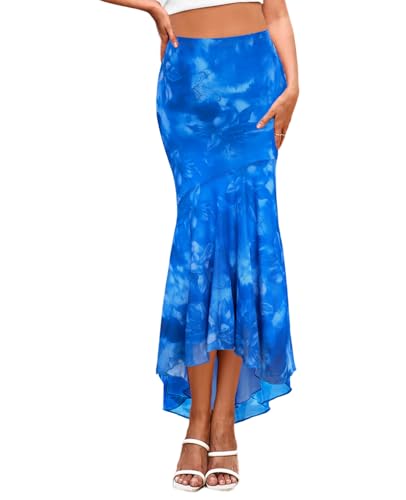 SEBOWEL Women's Floral Mesh Maxi Skirt High Waist Bodycon Long Pencil Skirt Boho Style Trendy Skirts for Women Blue