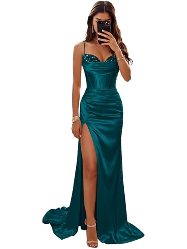 Basgute Satin Corset Prom Dresses for Women Formal Gown Peacock