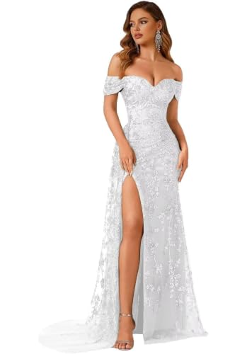Off‑Shoulder Sequin Lace Mermaid Prom Dress High Slit Evening Gown White | Off‑shoulder neckline, floral sequin lace overlay, fitted mermaid silhouette, high front slit, lace‑up back, floor‑length.