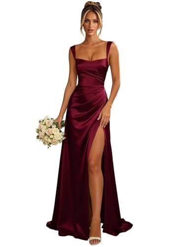 Jalunian Bridesmaid Dresses 2026 with Slit Women’s Square Neck Silk Satin Wine Red Corset Formal Prom Gown Ruched Backless Plus Size 16