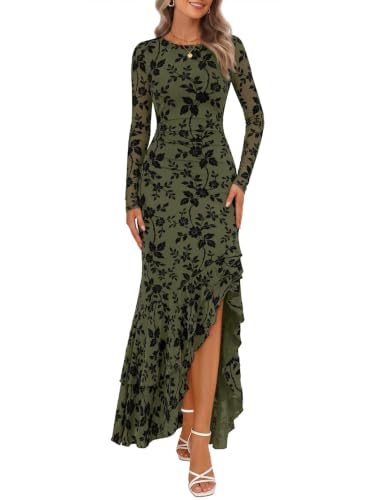 MEROKEETY Women's Fall Wedding Guest Cocktail Maxi Dresses, ArmyGreen, M