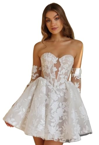 UZN Lace Short Wedding Gowns for Bride 2026 Boho Tulle Long Sleeve Strapless Floral Applique Off Shoulder A-line Open Back Beach Mini Bridal Dresses for Birde White US2