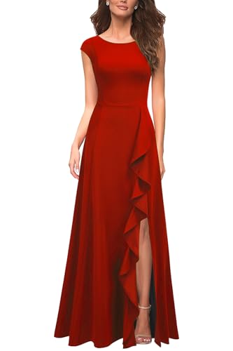 MUSHARE Women's Cocktail Dresses with Pockets Ruffled Sexy Split Party Long Formal Dress Red