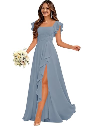 Qgeno Dusty Blue Bridesmaid Dresses with Sleeves Long Flowy Formal 4 | Chiffon Wedding Guest Dress Short Sleeves Square Neck A Line Formal Evening Gown