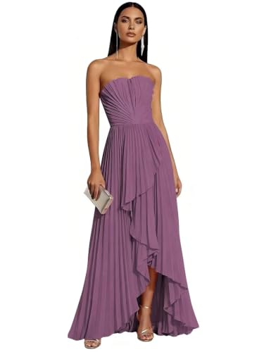 Bridesmaid Dresses for Women Long Pleated Hi-Lo Formal Wedding Dress | Strapless Wisteria Bridesmaid Dresses for Women Long Pleated Chiffon Hi-Lo Formal Wedding Guest Semi Formal Dress 6
