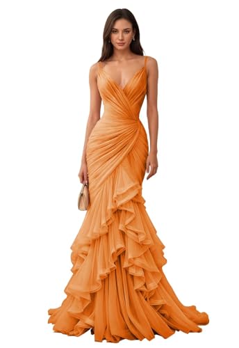 Spaghetti Strap Formal Evening Party Gown Long Tulle Prom Dress Orange