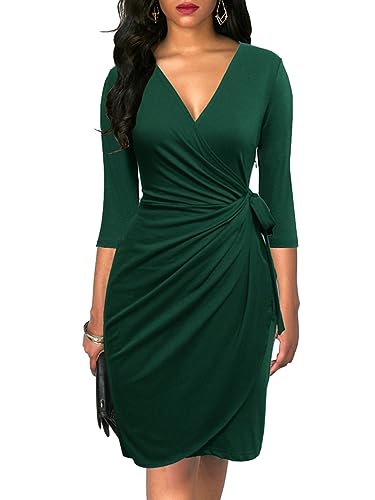 Berydress Women's 3/4 Sleeve V Neck Casual Party Work Faux Black Wrap Dress