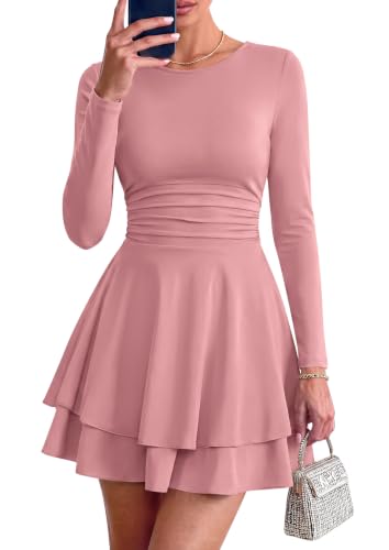 PRETTYGARDEN Womens Fit and Flare Crewneck Long Sleeve Mini Dress Pink,L