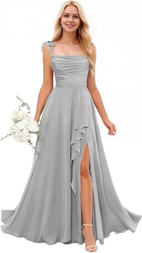 Eldecey Junior Bridesmaid Dresses Long Flower Girl Dress for Wedding Ruffle Spaghetti Straps Formal Dress for Girls Silver US0