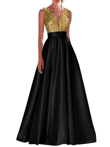 QFWLSR Women's Prom Dress for Women Long A-line Satin V Neck Sparkly Sequin Formal Evening Party Gowns Gold Black US12