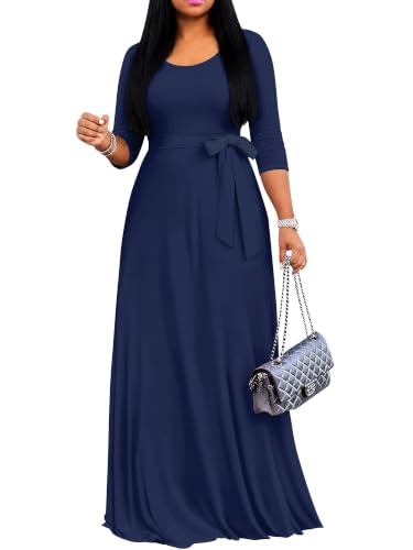 Plus Size Floral Crew Neck 3/4 Sleeve Maxi Dress with Belt(2XL 1-NavyBlue)