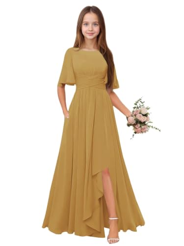 Qgeno Teens Flower Girl Dress Long Gold Formal Long Gown with Slit for Girls Short Sleeves Chiffon Junior Bridesmaid Dresses Size 8