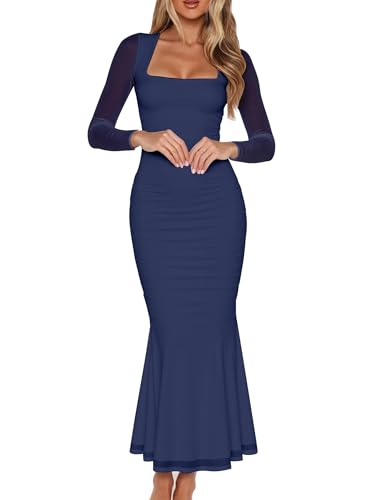 Women's Ruched Bodycon Long Sleeve Wedding Guest Maxi Dress,S,Navy | Square Neck, Mesh,Winter, Elegant Trendy,Cocktail Party Long Dresses