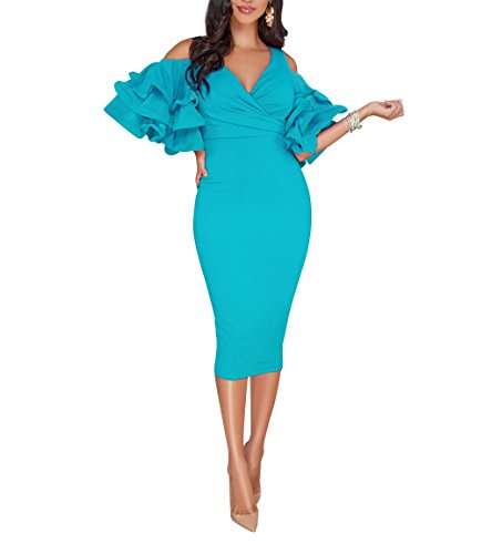 VERWIN Solid Flounced Sleeves Cold Shoulder V Neck Elegant Sexy Party Evening Midi Dress Bodycon Dress Blue M