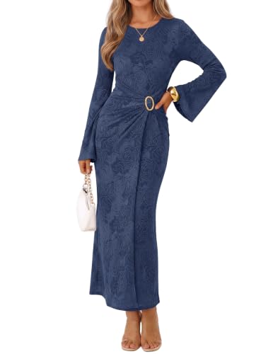 MEROKEETY Women's Fall Wedding Guest Formal Maxi Dress, Navy, M