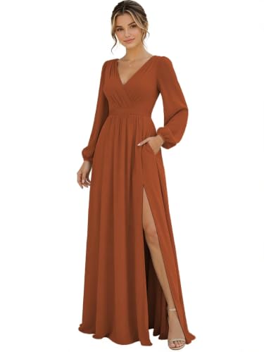 Ruffle A-line Long Sleeve Bridesmaid Dress Long Wedding Guest Dresses