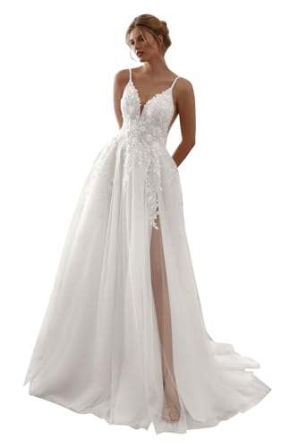 V-Neck Tulle Bride Dresses for Women 2026 Long Spaghetti Straps Lace Wedding Dress A-Line Sleeveless Slit Bridal Ball Gowns for Women White US12