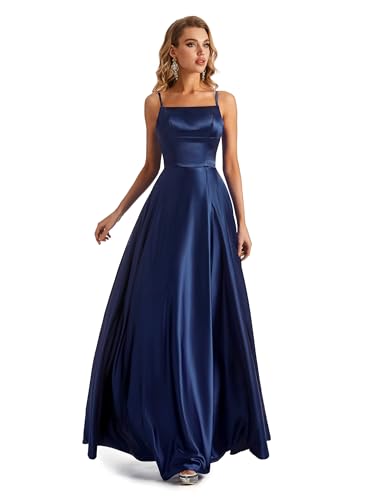 Lecureler Satin Slit Spaghetti Strap Prom Dress Navy Blue Size 6