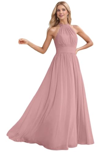 Dusty Mauve Bridesmaid Dresses for Women 2026 A-line Empire Waist Chiffon Ruched Halter Zipper Pleated Ruffles Long Simple Wedding Guest Dress US8