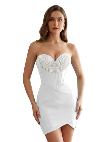 RYANTH Strapless White Satin HOCO Dresses Short for Teens Short Strapless Prom Dress Corset Tight Formal Party Gowns Size 0