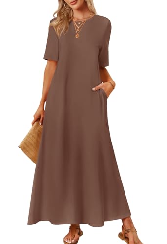 MEROKEETY Women Summer Casual Short Sleeve Maxi Tshirt Dress, Coffee, XL