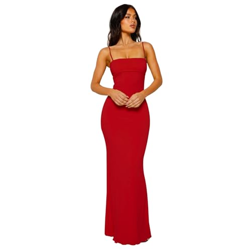 VANCOL Women's Cutout Backless Maxi Dress Sexy Sleeveless Tight Slip Spaghetti Strap Long Dresses Red