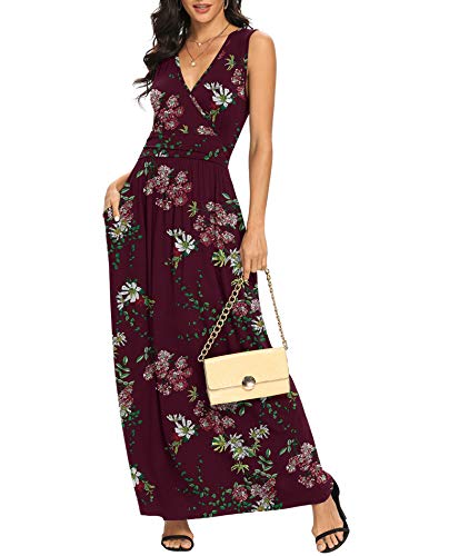 LILBETTER Women's Plus Size Casual Loose Long Dress Sleeveless Floral Print Maxi Dresses with Pockets(Flower Wine Red,3X-Large)