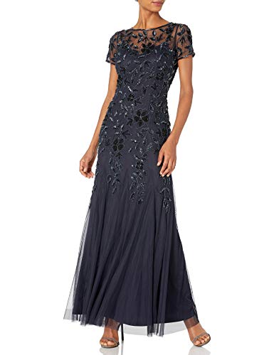 Adrianna Papell Women's Floral Beaded Godet Gown, Twilight, 12 | Floor Length Gown with Floral Embellishments & Cap Sleeves