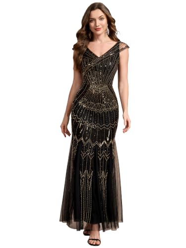 Ever-Pretty Women's V-Neck Formal Evening Dress Mermaid Sequin Embroidered Mother of Bride Dresses Ball Gowns Black Gold US8