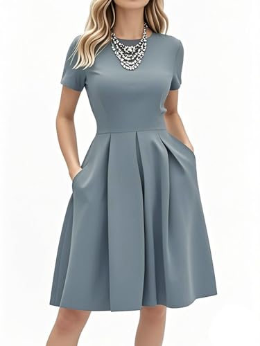 oxiuly Cocktail Summer Wedding Guest Dresses for Mother Teacher's Gift Christmas Elegant Casual New Year Hepburn Style Vintage Dress with Pockets S253 Gray L