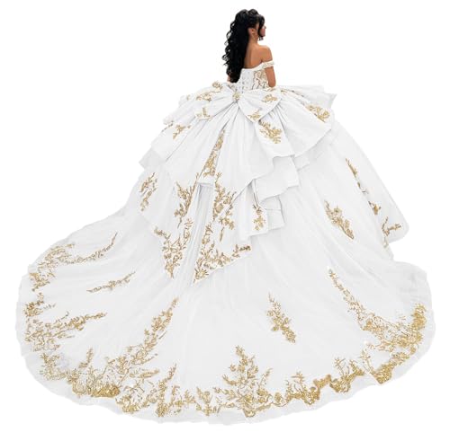 Ftupza Crystal White Quinceanera Dresses Tassel Party Dress 10 | Glitter Tulle Sweet 15 16 Dresses with Bow, Beaded Ball Gown with Train, Gold Appliques Prom Gown