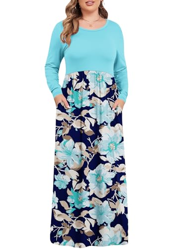KARALIN Women's Plus Size Maxi Dresses for Curvy Women Long Sleeve Casual Dress Light Blue 22W