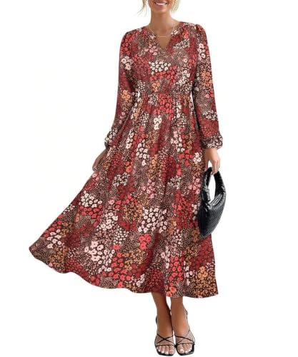 TIYOMI Women's Fall Maxi Dress Plus Size 5X Long Sleeve V Neck Brown Floral Dress Flowy Cocktail Party Dresses for Curvy Women Casual Maxi Fall Spring Formal Dresses 5XL 28W