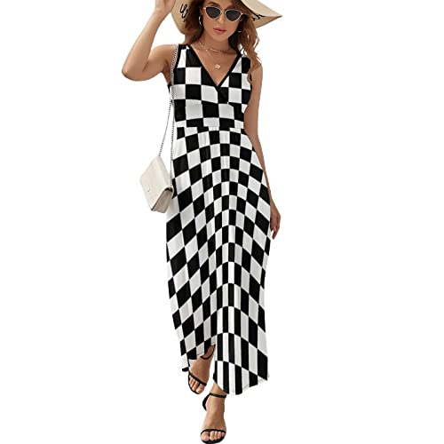 DENFY Womens Sleeveless V Neck Maxi Dress Black White Race Checkered Flag Beach Dress Causal Summer Dress Long Dress Skirt L