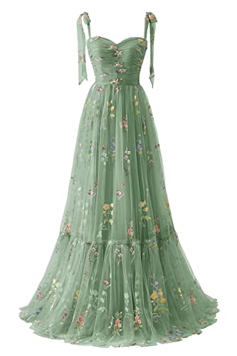 UZN Women's Spaghetti Strap Prom Dresses for Juniors Sweetheart Tulle Flower Embroidery Long Ruched Princess Gown Floor Length Formal Party Gowns Green Size 6