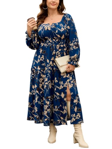 SCOMCHIC Womens Plus Size Formal Dress Fall Long Sleeve Square Neck Flowy A Line Tiered Side Split Wedding Guest Maxi Dress Blue Floral