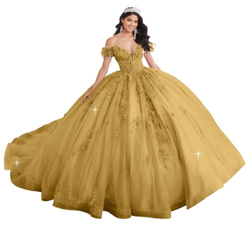Flihodaputa Glitter Tulle Quinceanera Dresses with Train Off Shoulder Beaded Sweet 16 Floral Lace Applique Pageant Ball Gowns Gold