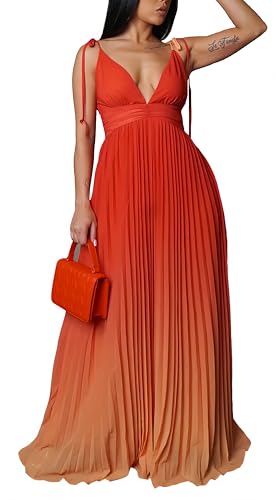 Maxi Dress for Women Gradient Sexy Summer Beach Pleated Long Party Dresses