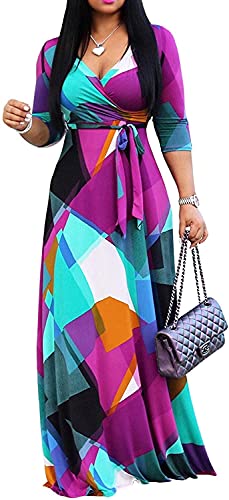 FANDEE Plus Size Maxi Dress for Women Casual Summer Sundress V-Neck 3/4 Sleeve(Multicoloured,XX-Large)