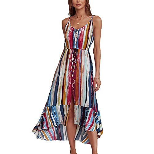 BROVAVE Women's 2025 Summer Casual Boho Sundress Polka Dot Spaghetti Strap V Neck Flowy Midi Dresses(008 Color Block, Small)