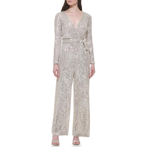Eliza J Women's Long Sleeve V-neck Wrap Sequin Jumpsuit, Silver, 8