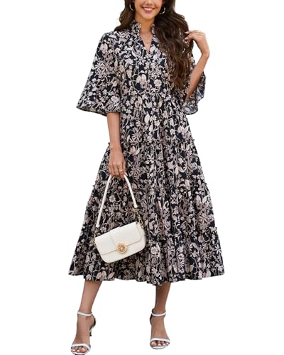 Women's Floral Ruffle Midi Dress V Neck Bell Sleeve Flowy Tiered Long Dress