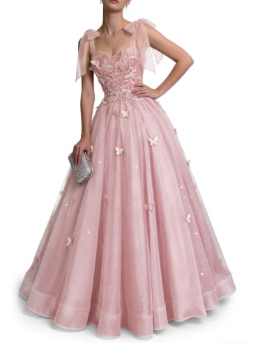 Blush Pink Butterflies Ball Gown Long Prom Dress for Women Formal Lace Appliques Glitter Tulle Blush Pink Prom Dresses 2026 US4