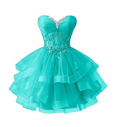 Uryouthstyle Turquoise Tiered Tulle Homecoming Dresses Sparkly Beaded Lace Applique Strapless Pleated Short Prom Dress for Teens Quinceanera DAMA Dress US12