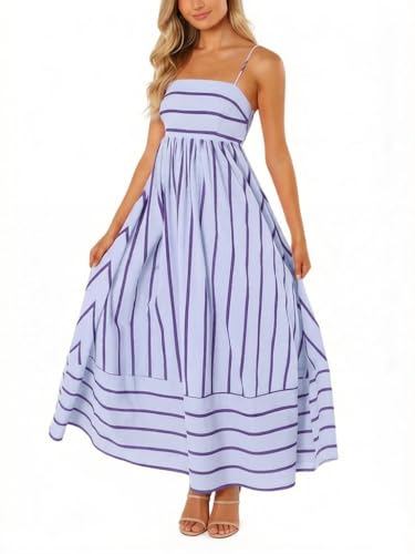 chouyatou Women's Striped Back Smocked Maxi Dress Sexy Spaghetti Strap Cut Out Flowy Swing Long Dress (Medium, Purple)