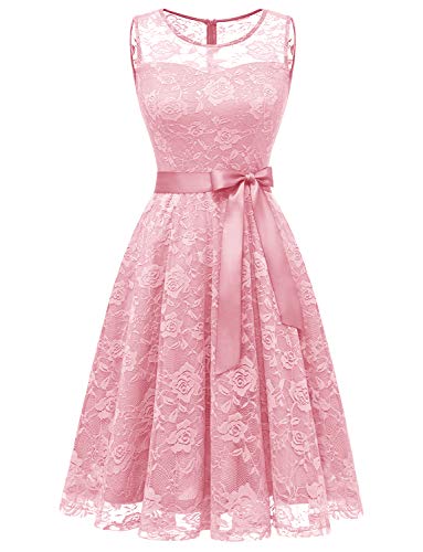 Dressystar Women's Floral Lace Short Bridesmaid Dress with Sheer Neckline Sleeveless Wedding Guest Formal Cocktail Dresses Pink S